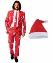 Heren opposuits kerstkleding rood met kerstmuts maat 50 l